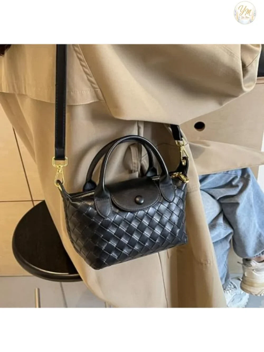 Woven Faux Leather Satchel Handbag Top Handle Crossbody Small